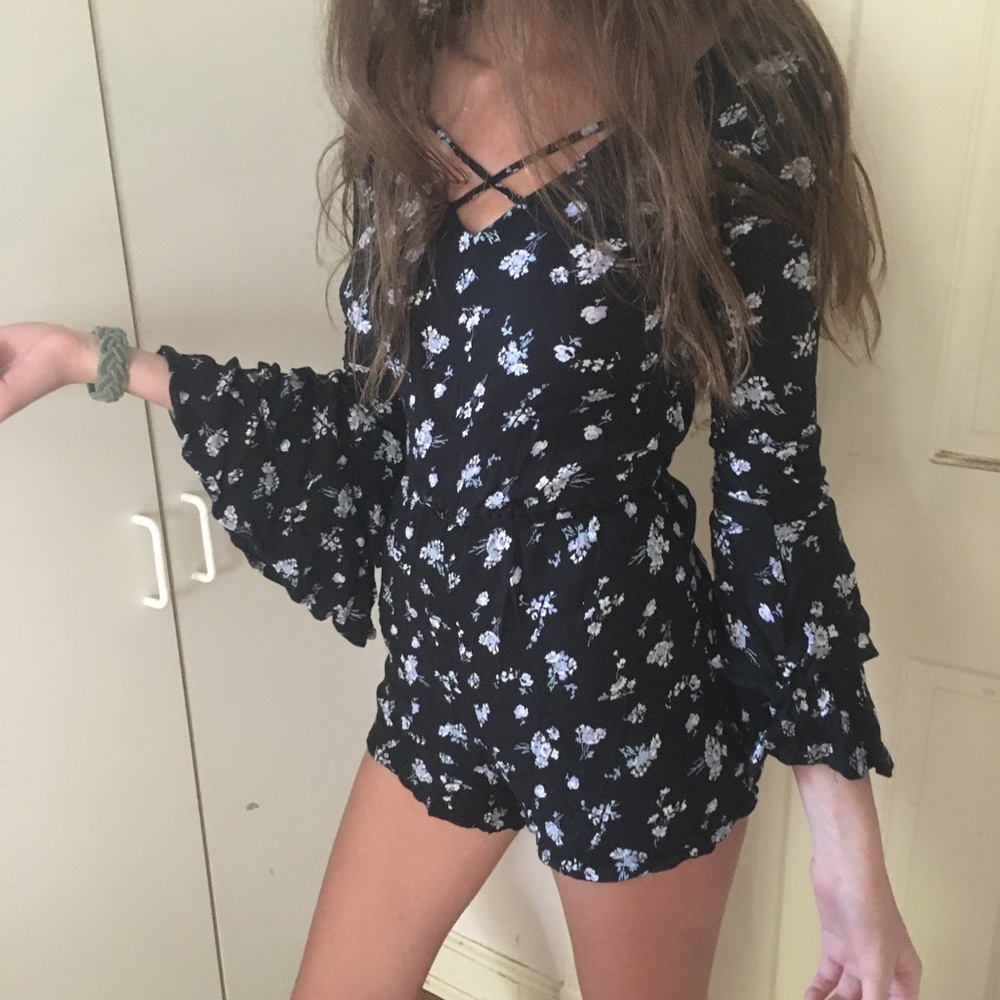 Hollister Blue and Black Floral Romper